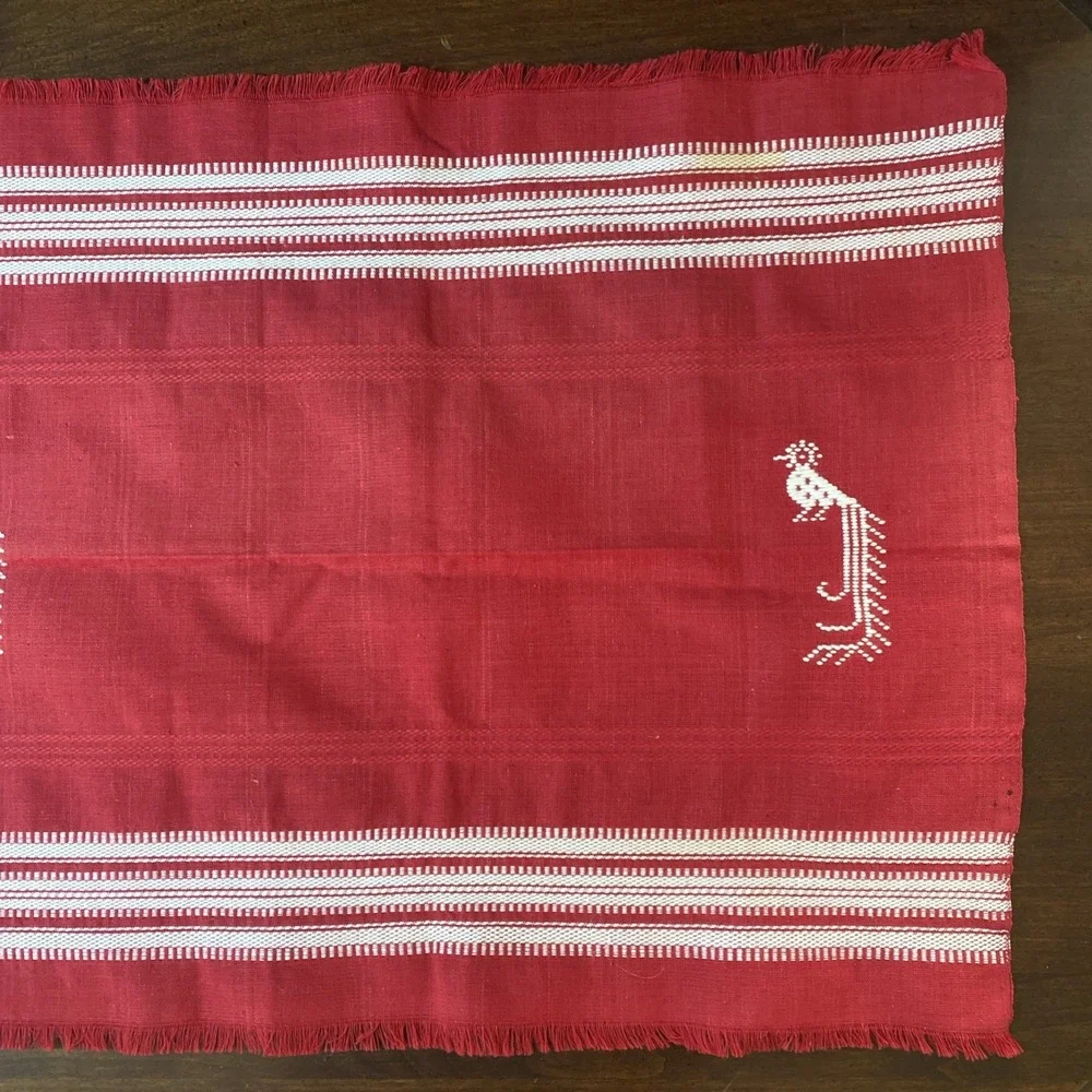 Vintage Woven Red Table Runner White Stripes Peacocks‎ Birds Fringe
